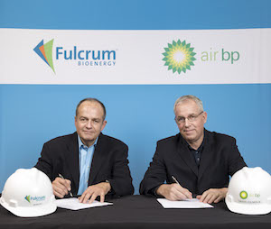 L to R E.James Macias, President and CEO of Fulcrum, signs agreement with David Gilmour, Vice President Technology, Commercialisation and Ventures, BP Ventures.
